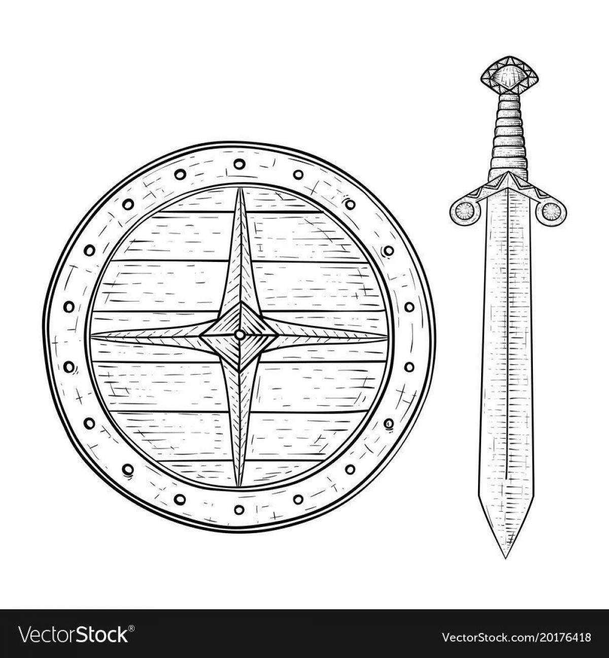 Очаровательная страница раскраски щита и меча