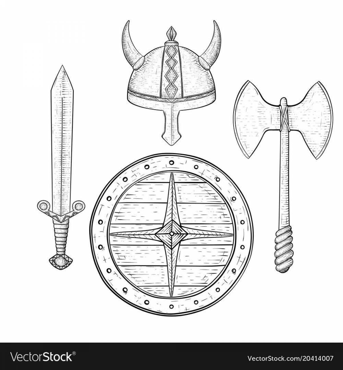 Playful shield and sword coloring page