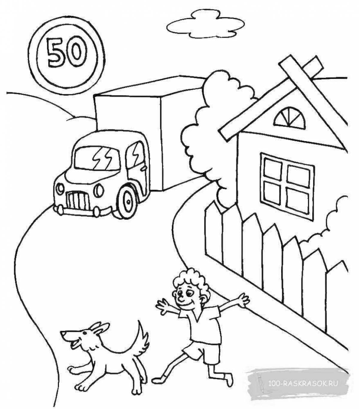 Comic traffic safety coloring page