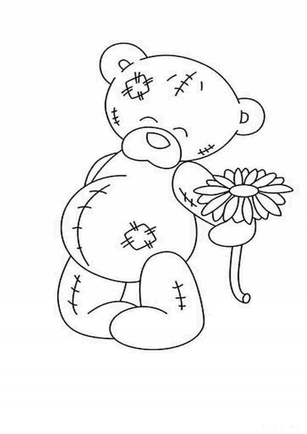 Joyful teddy bear with flowers