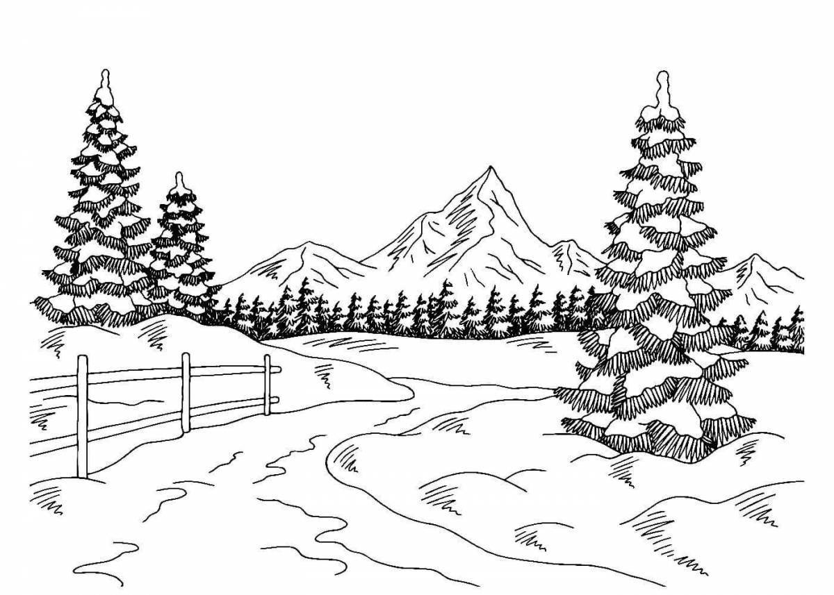 Coloring book shining winter forest landscape