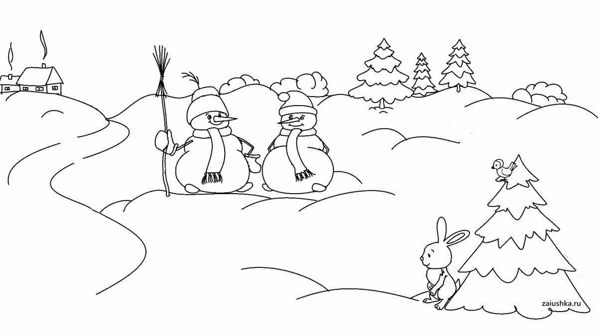 Coloring page of a brilliant winter forest landscape