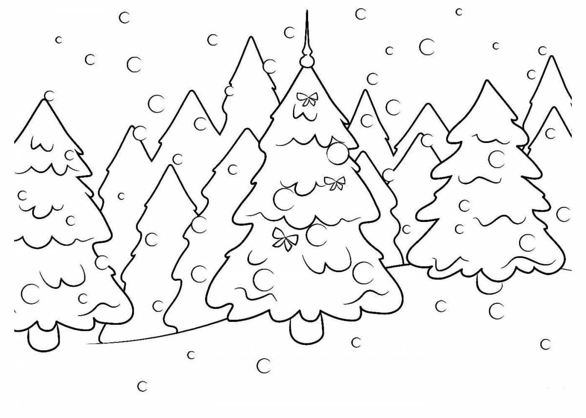 Coloring book bright winter forest landscape