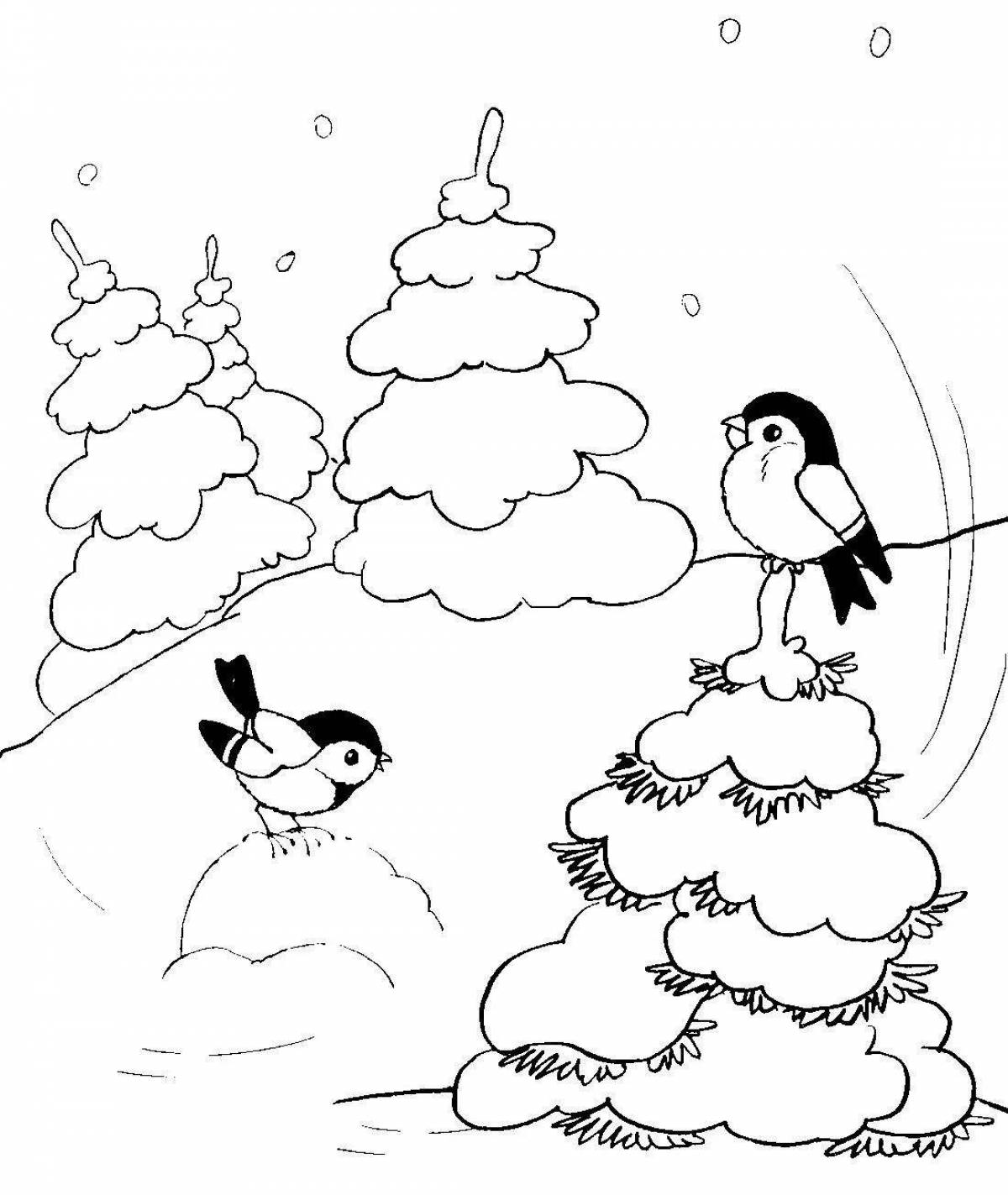 Coloring book dreamy winter forest landscape