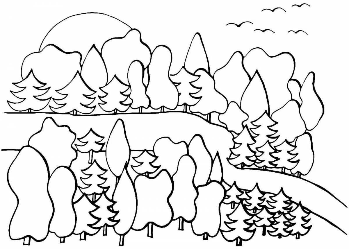 Coloring page lush winter forest landscape