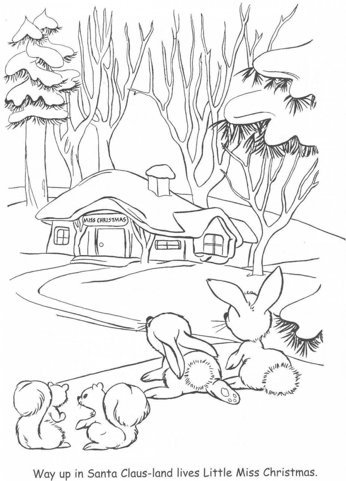 Coloring book winter forest landscape