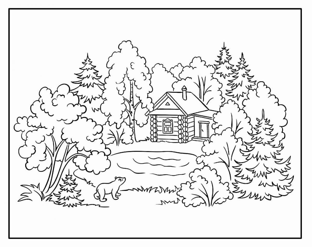 Coloring book calming winter forest landscape