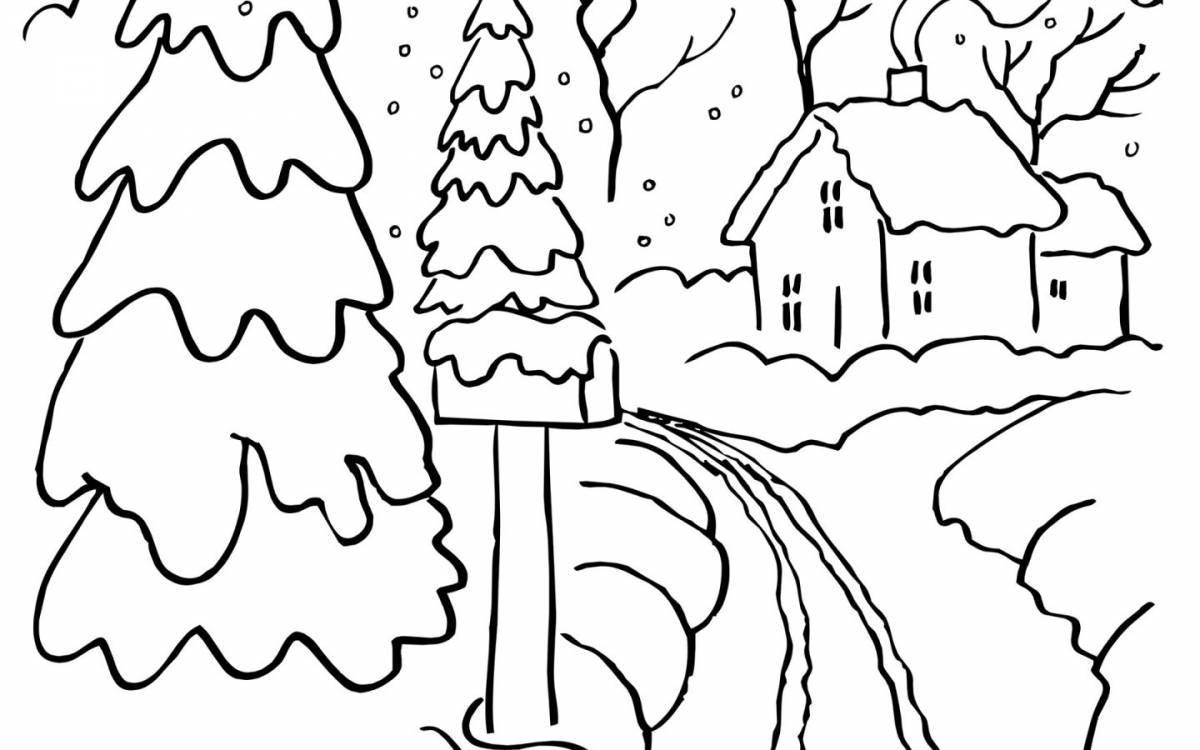 Coloring page inviting winter forest landscape