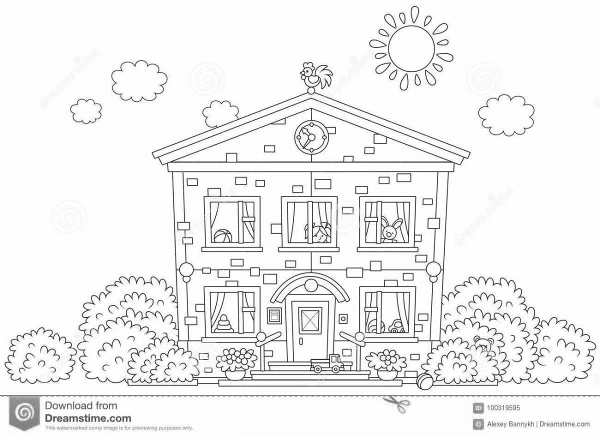 Coloring book of a flower-obsessed kindergarten building