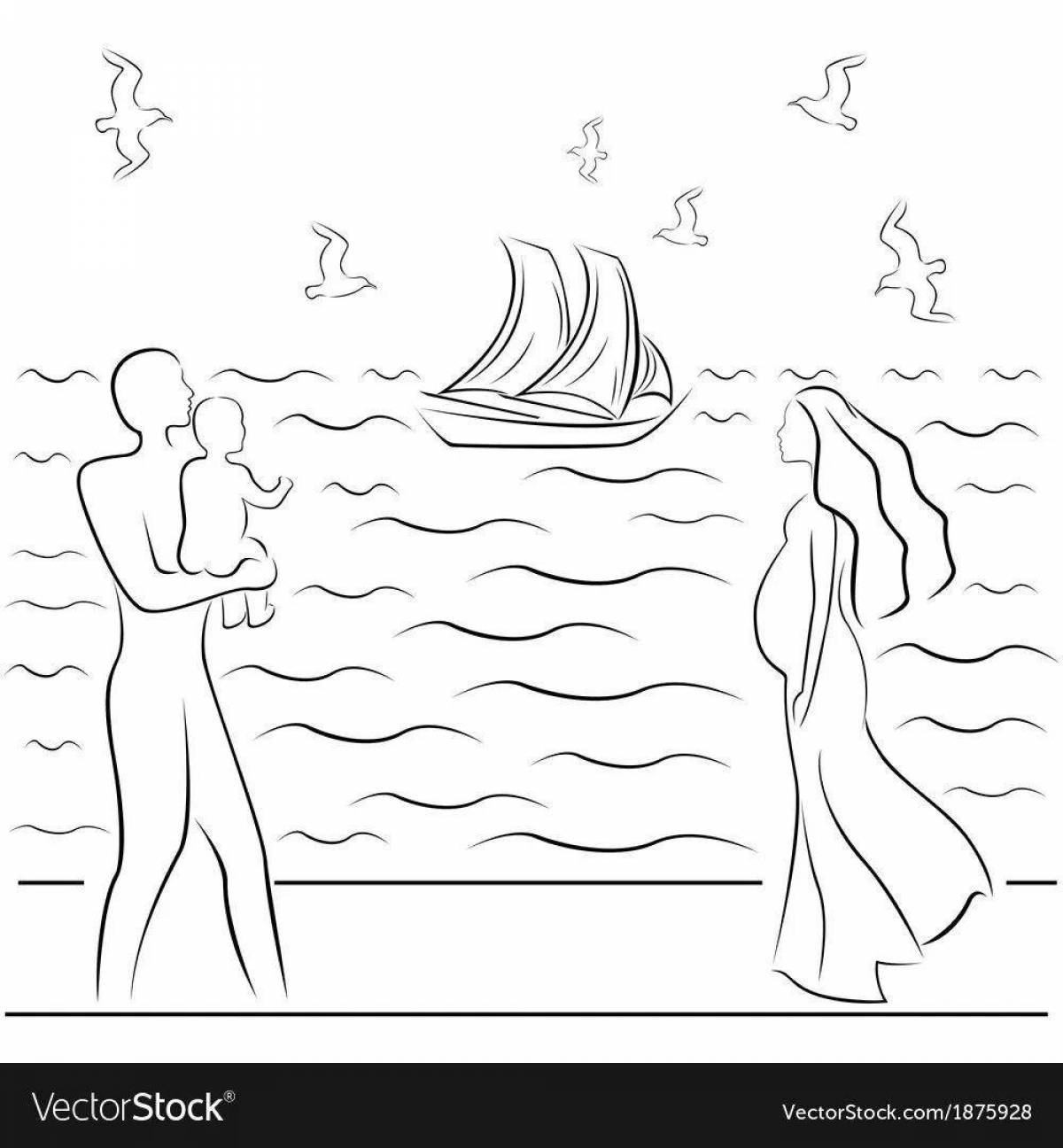 Coloring page adorable family at sea