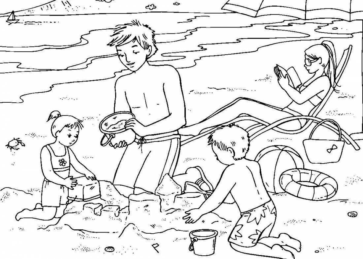 Enthusiastic family at the seaside coloring book