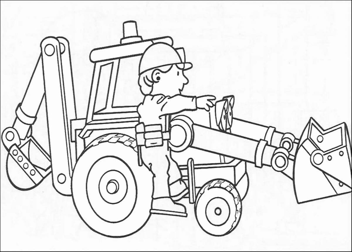 Coloring page funny tractor excavator