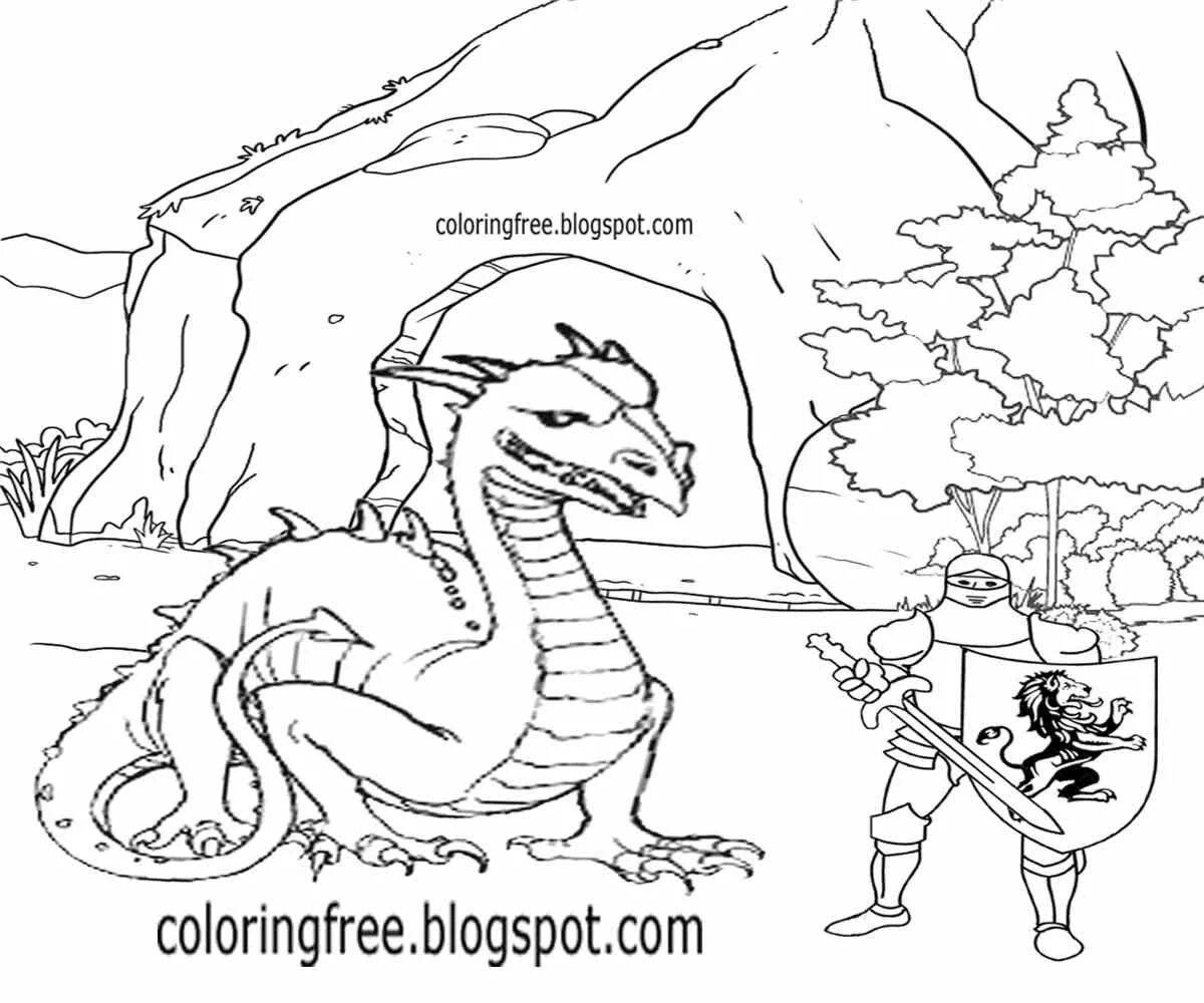 Coloring book heroic knight and dragon