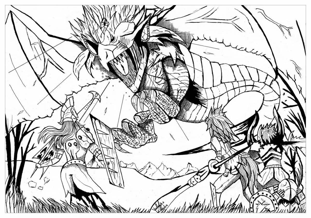 Coloring page elegant knight and dragon