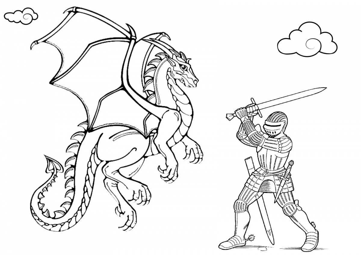 Coloring book shining knight and dragon