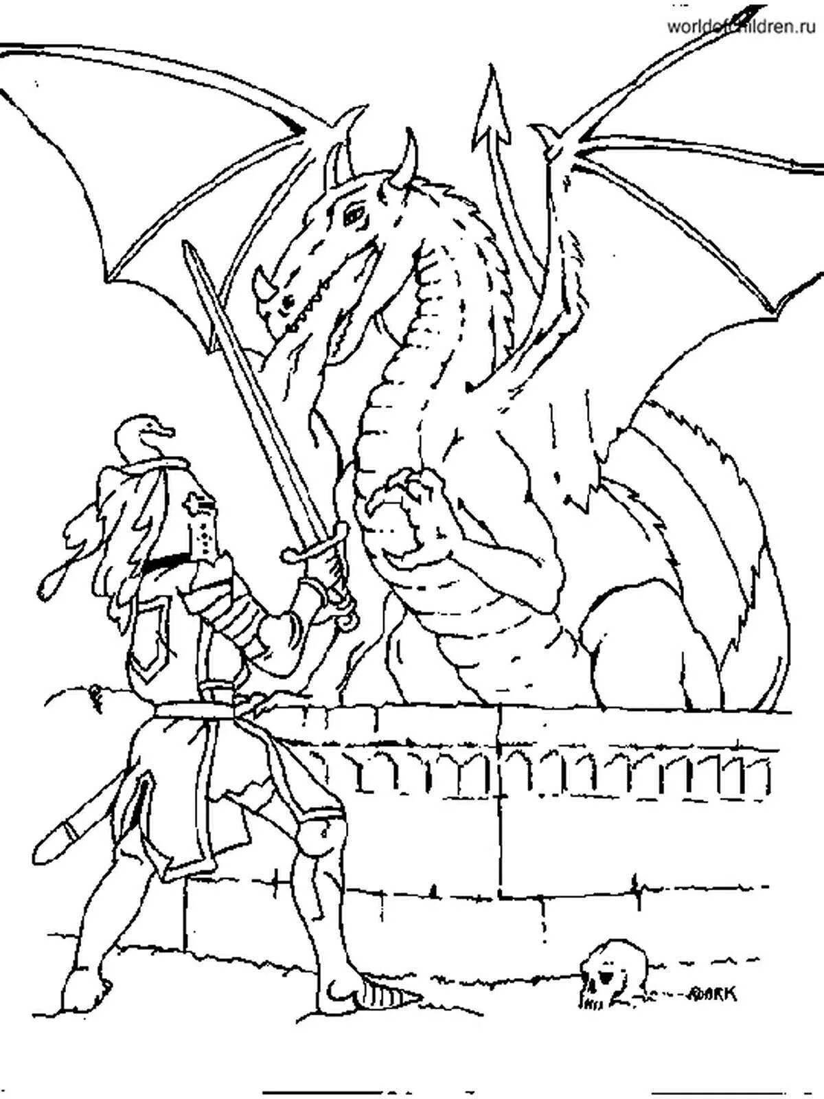 Exotic knight and dragon coloring page