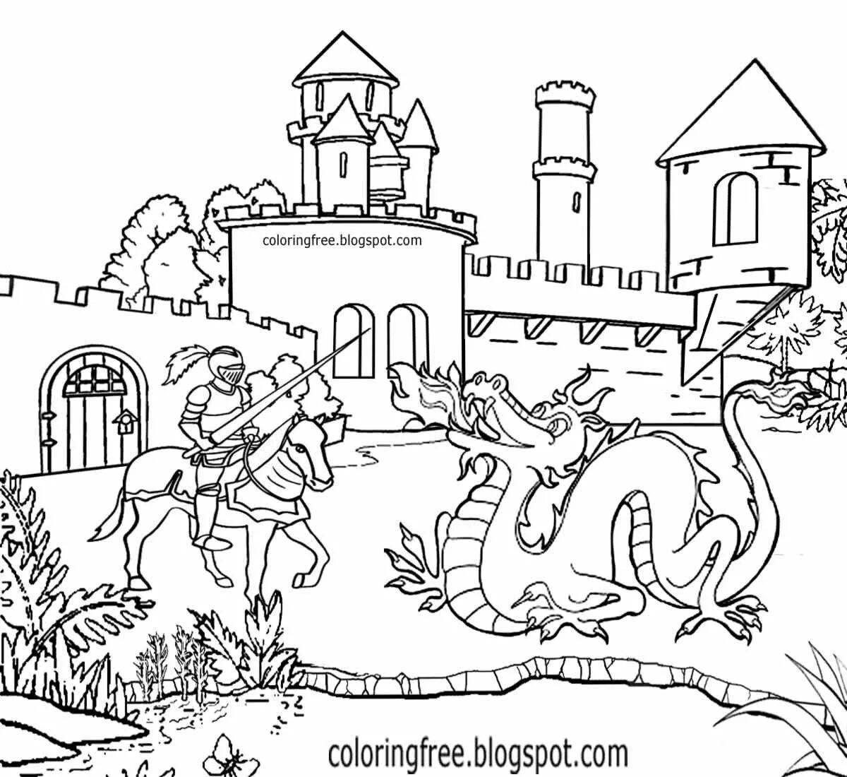 Luxury knight and dragon coloring page