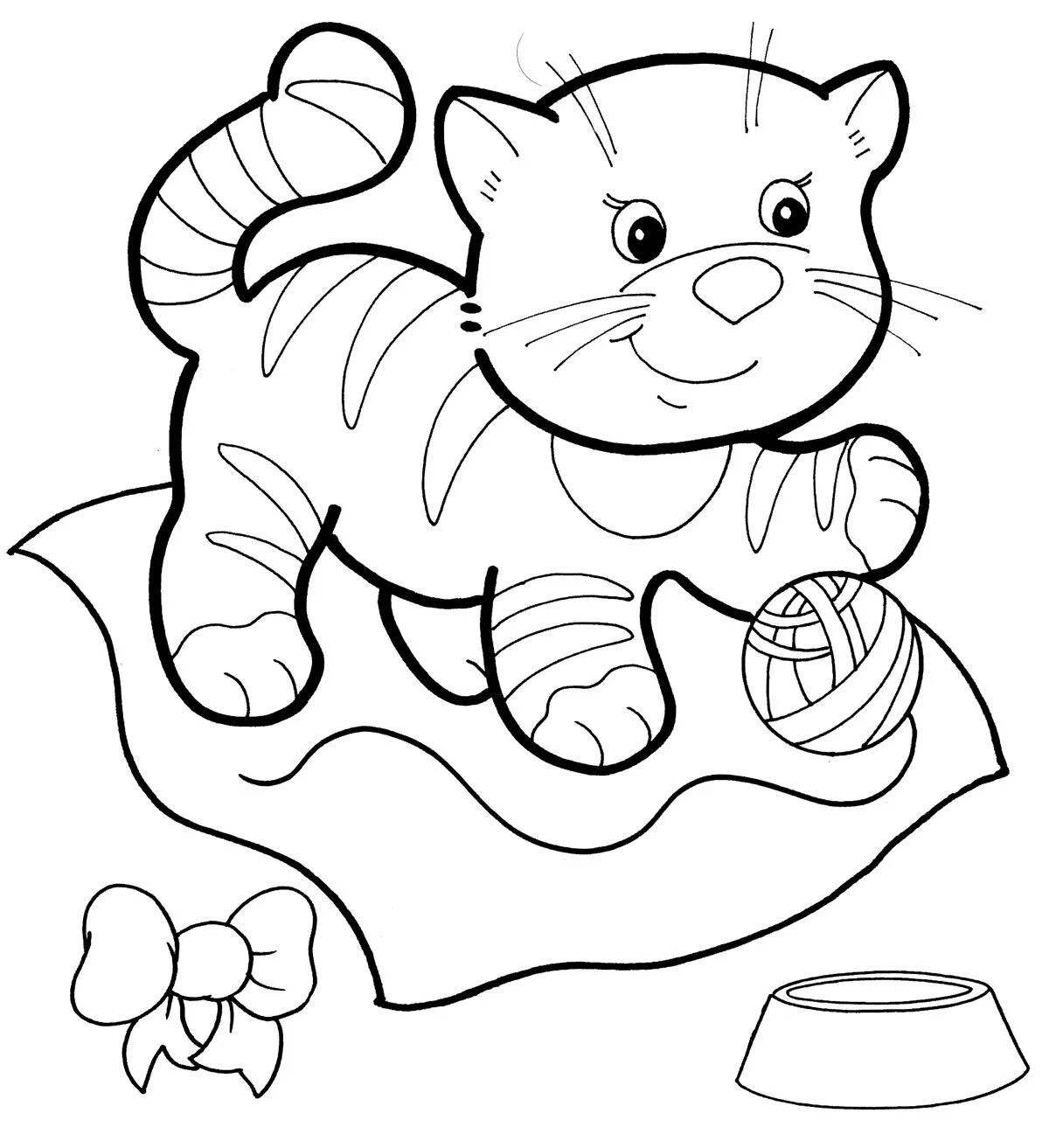 Coloring book happy cat with a ball
