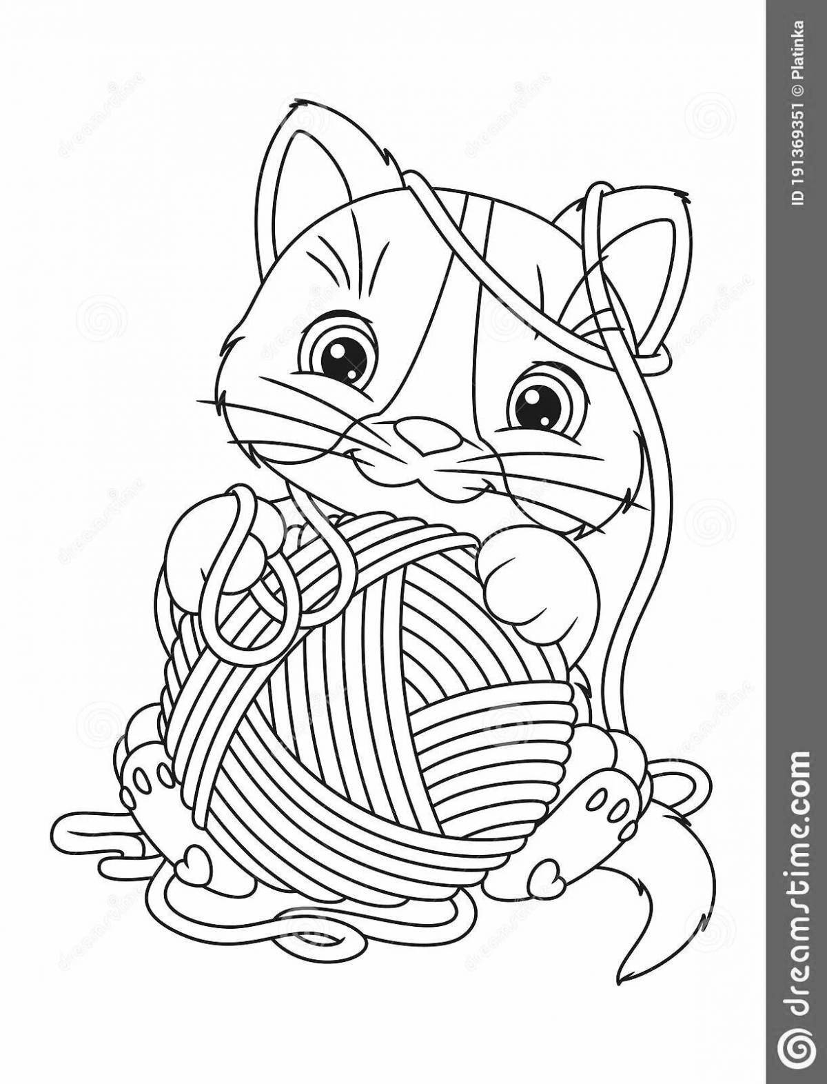 Coloring page energetic cat with a ball
