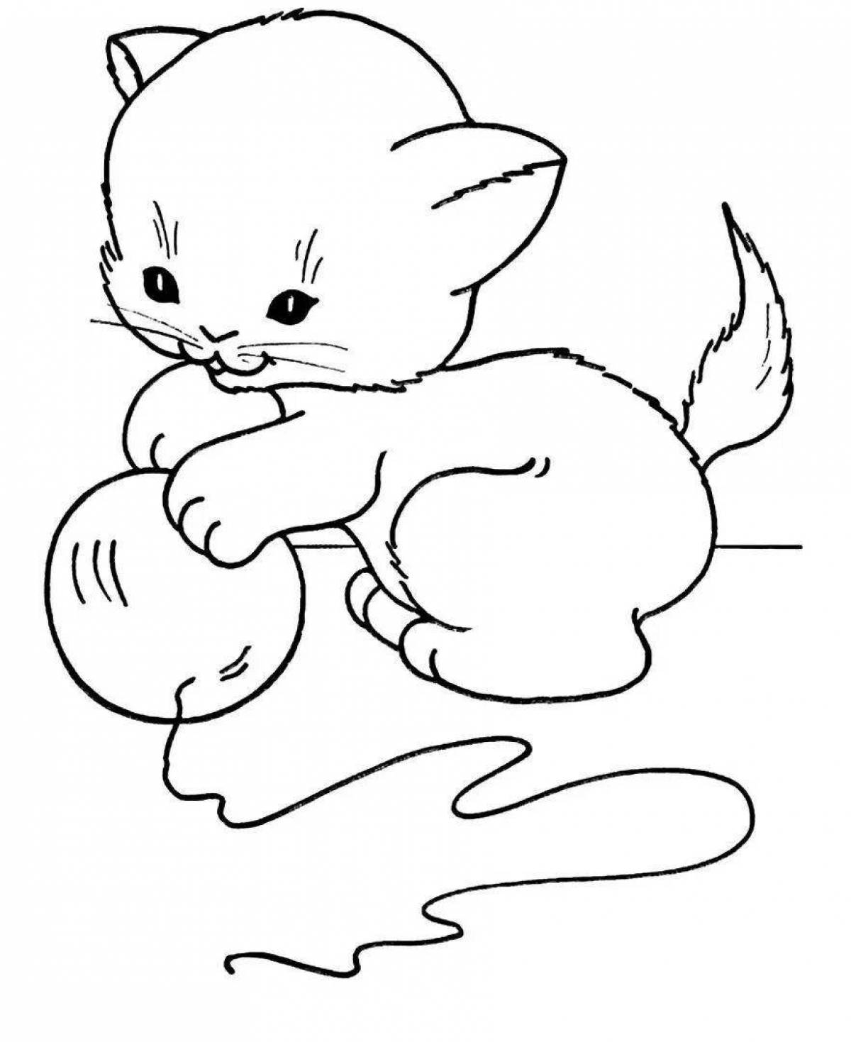 Раскраска буйный кот с мячиком