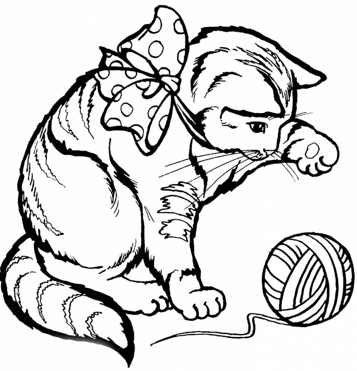 Раскраска ловкий кот с мячом
