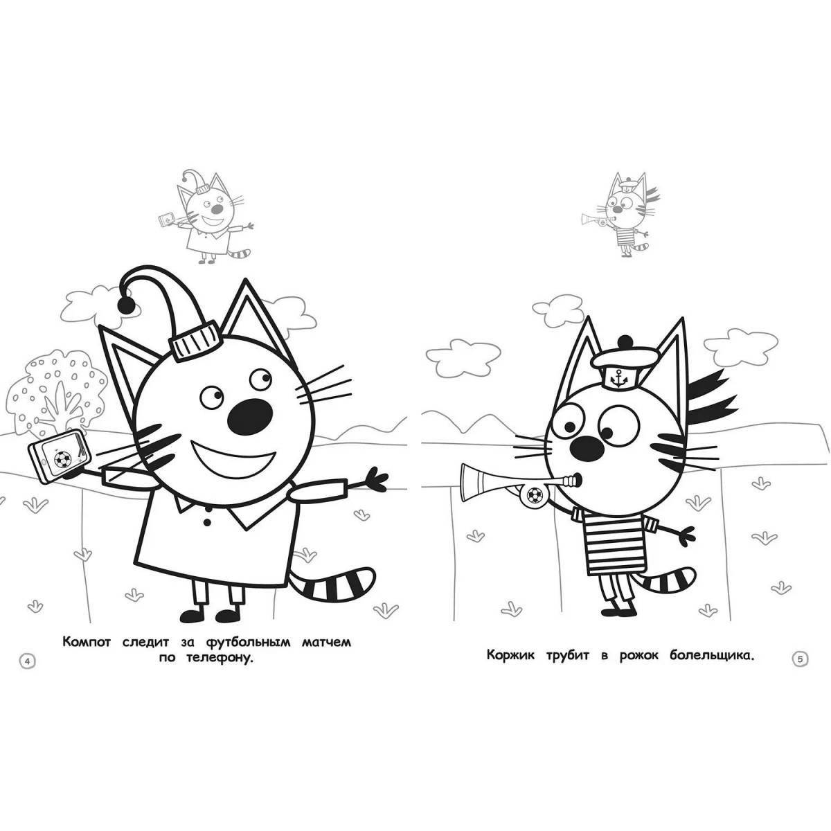 Three cats playful coloring page