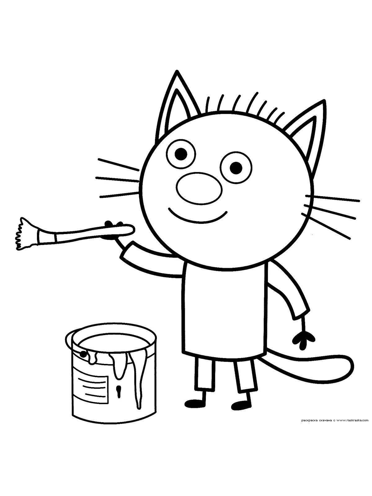 Three cats magic screw coloring page