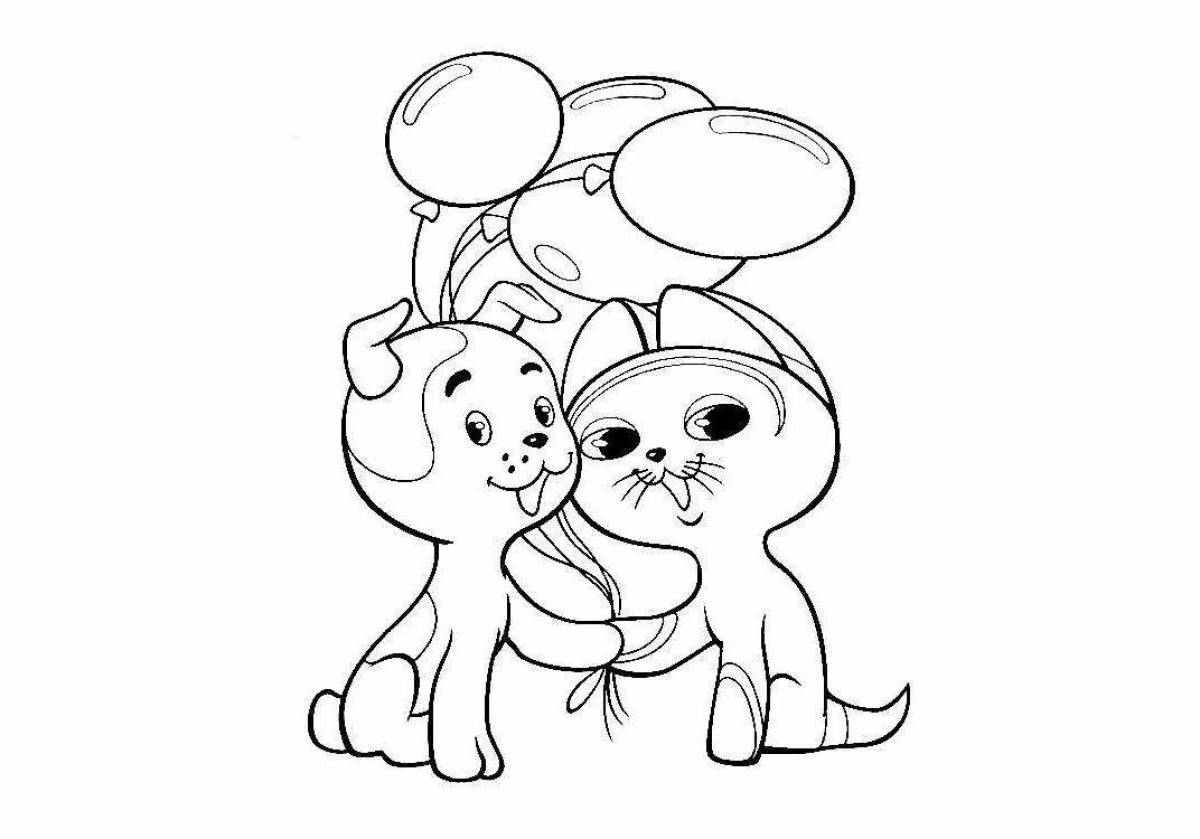Coloring page playful cat and puppy