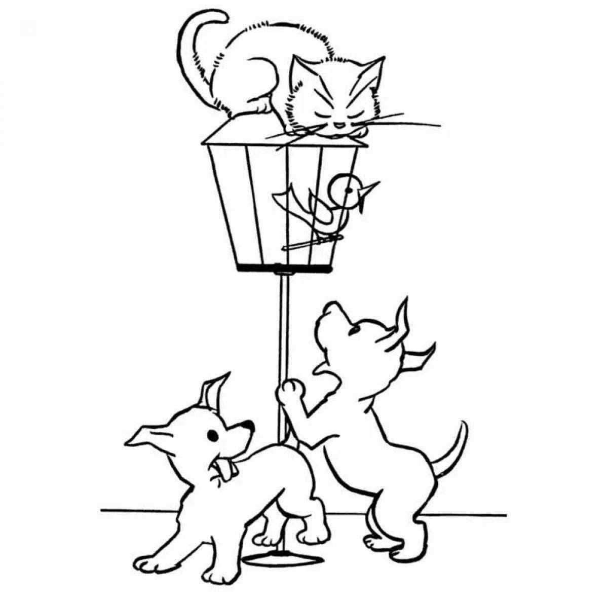 Coloring cat and puppy frolicking