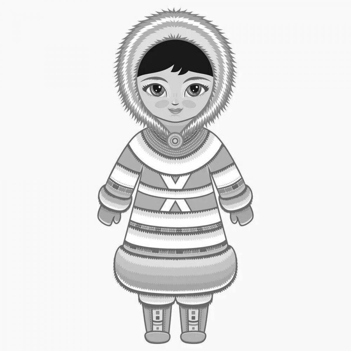 Coloring page of fashionable Chukchi national costume