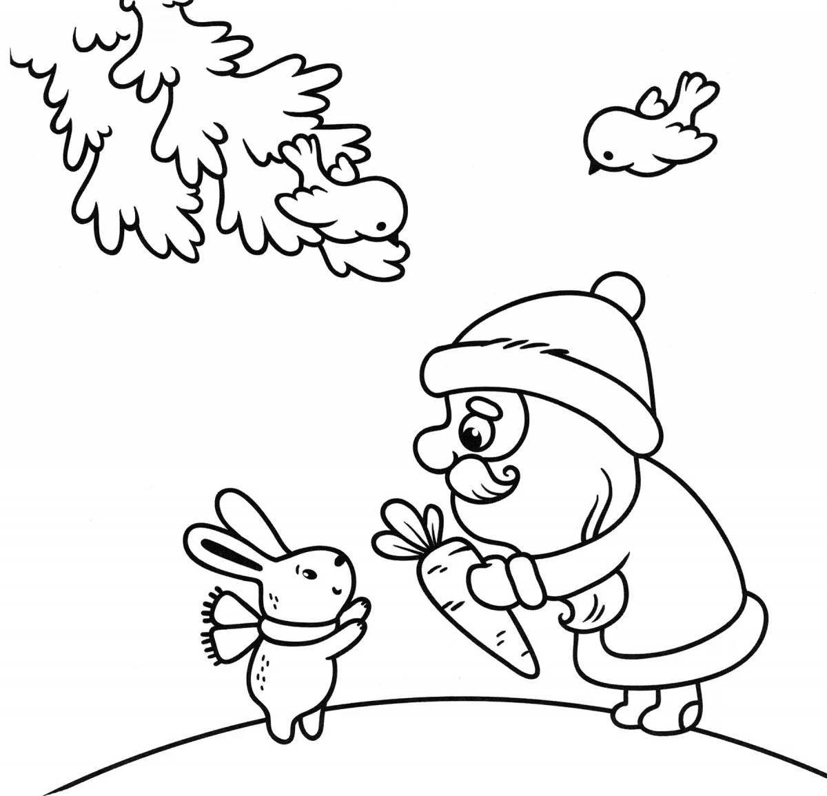 Coloring page joyful hare and tree