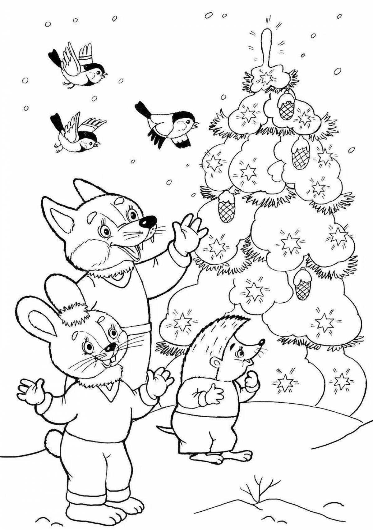 Coloring book radiant hare and tree