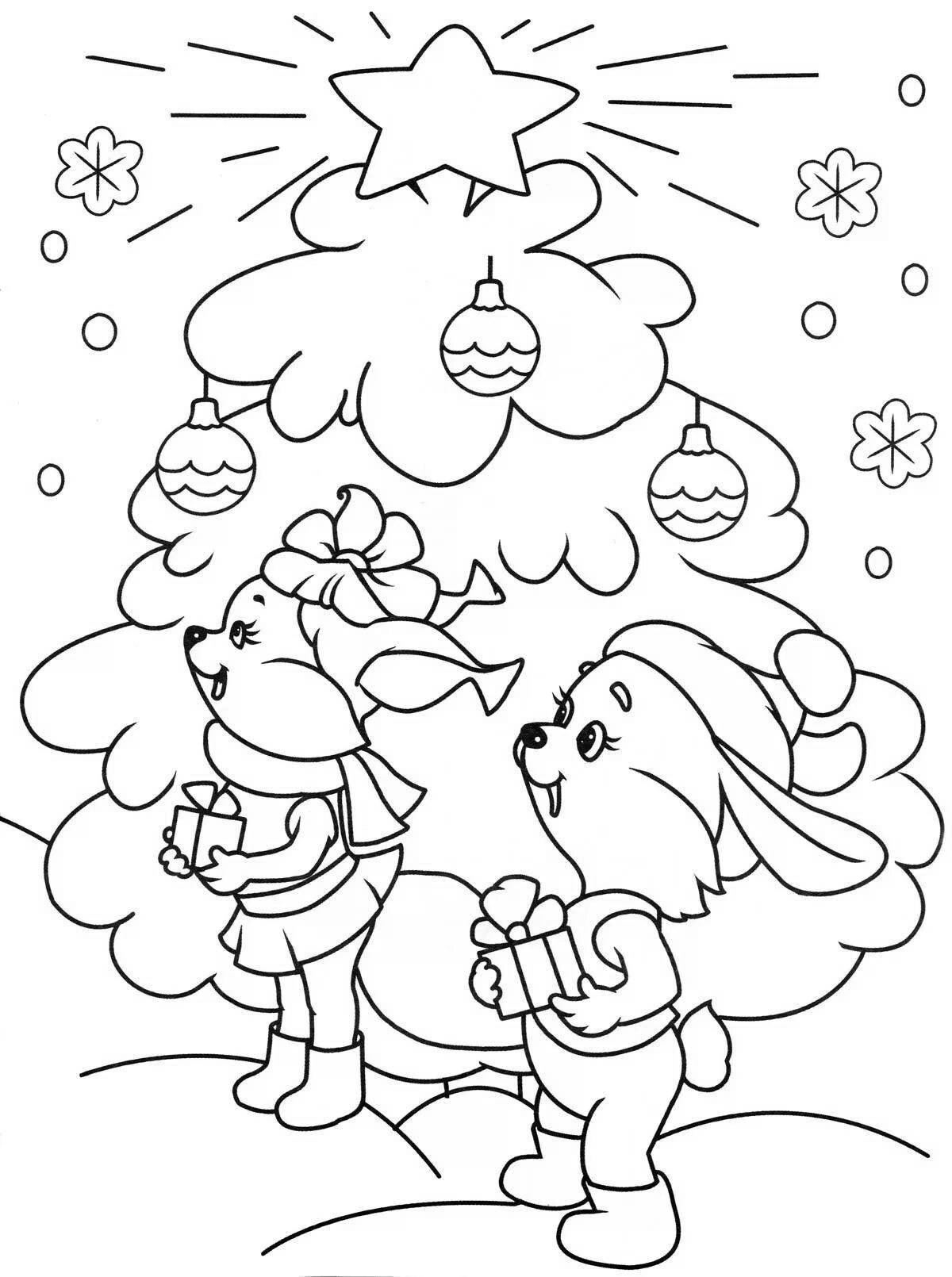 Coloring book exotic hare and tree