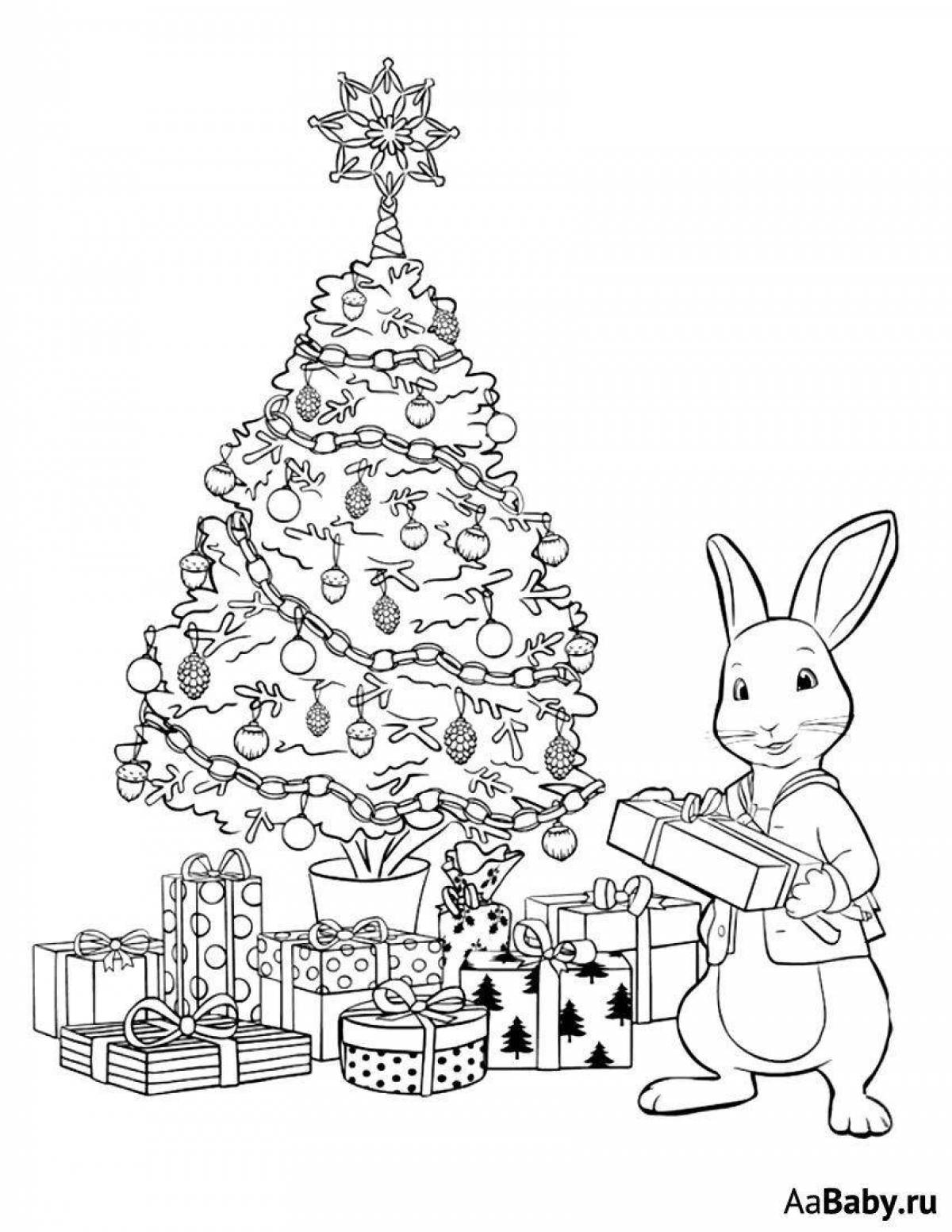 Coloring book gorgeous hare and tree