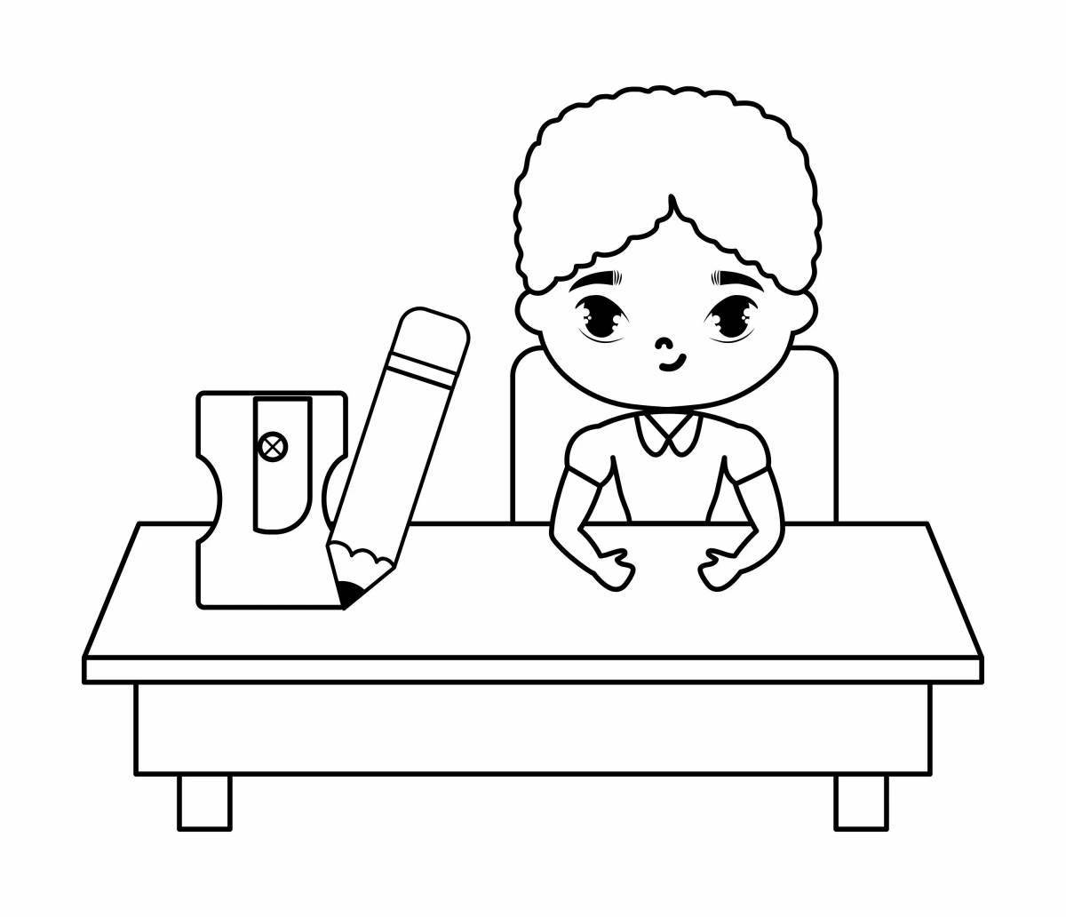 An energetic student at a desk