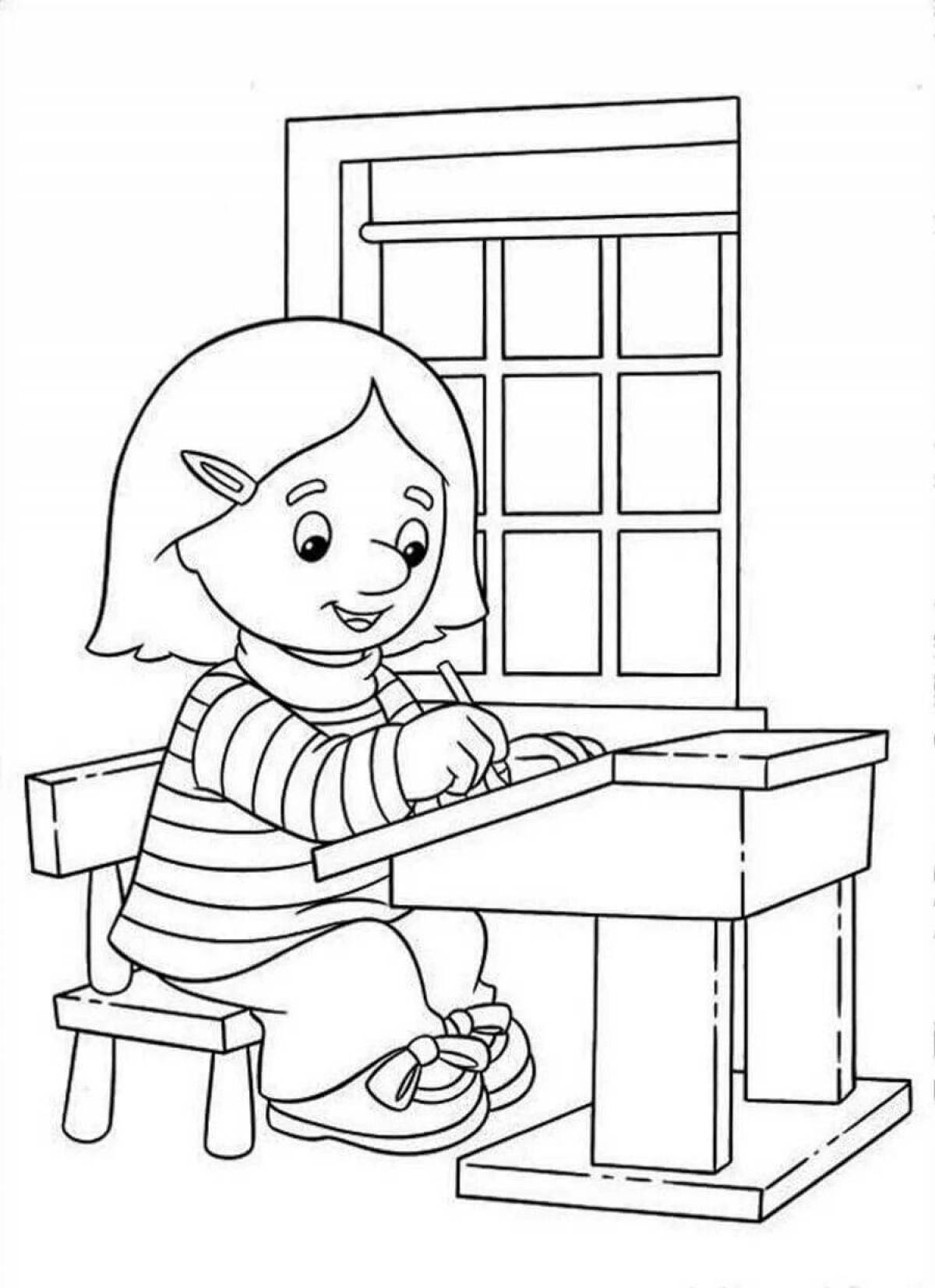 An animated student at a desk
