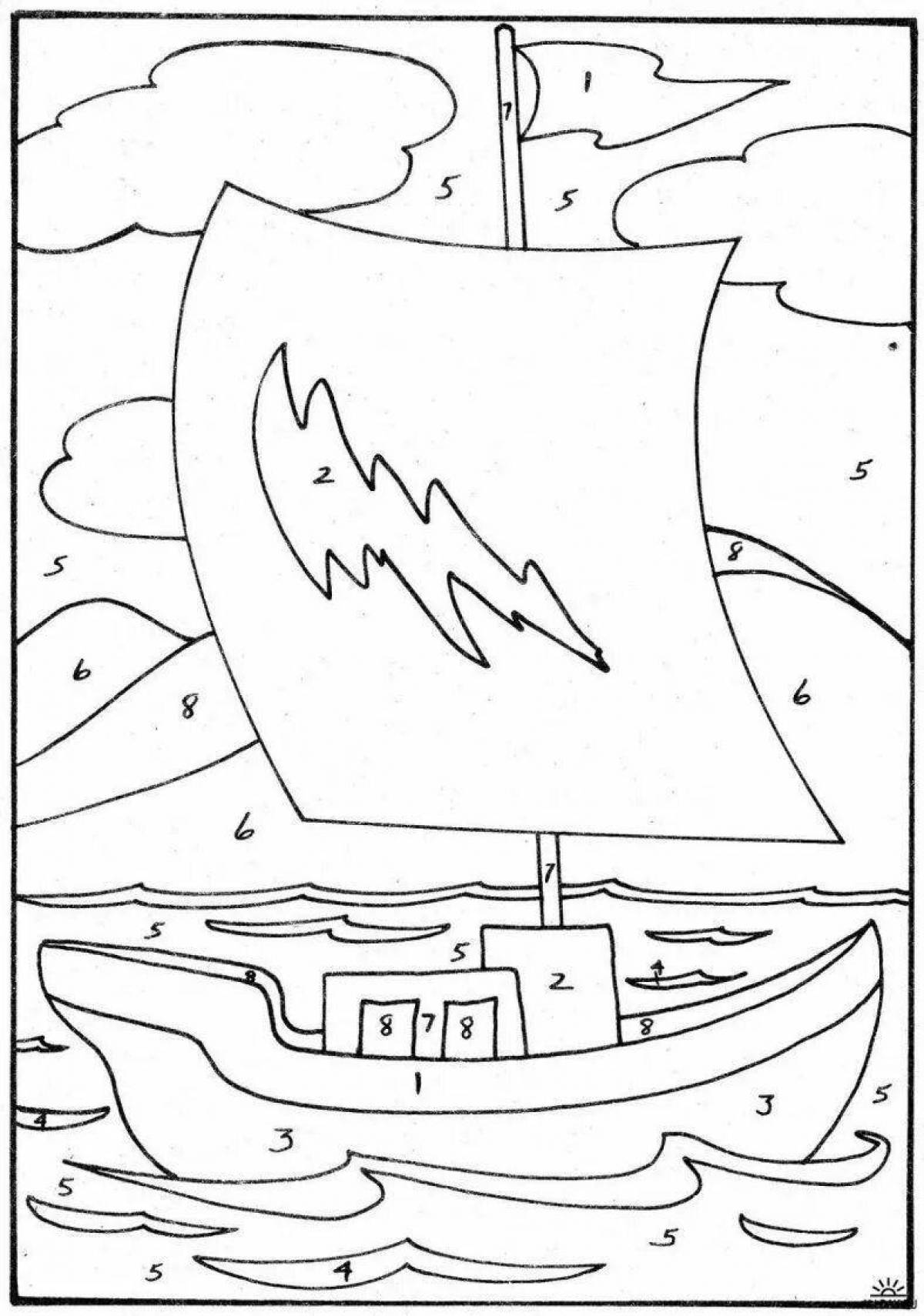 Coloring funny ship by numbers