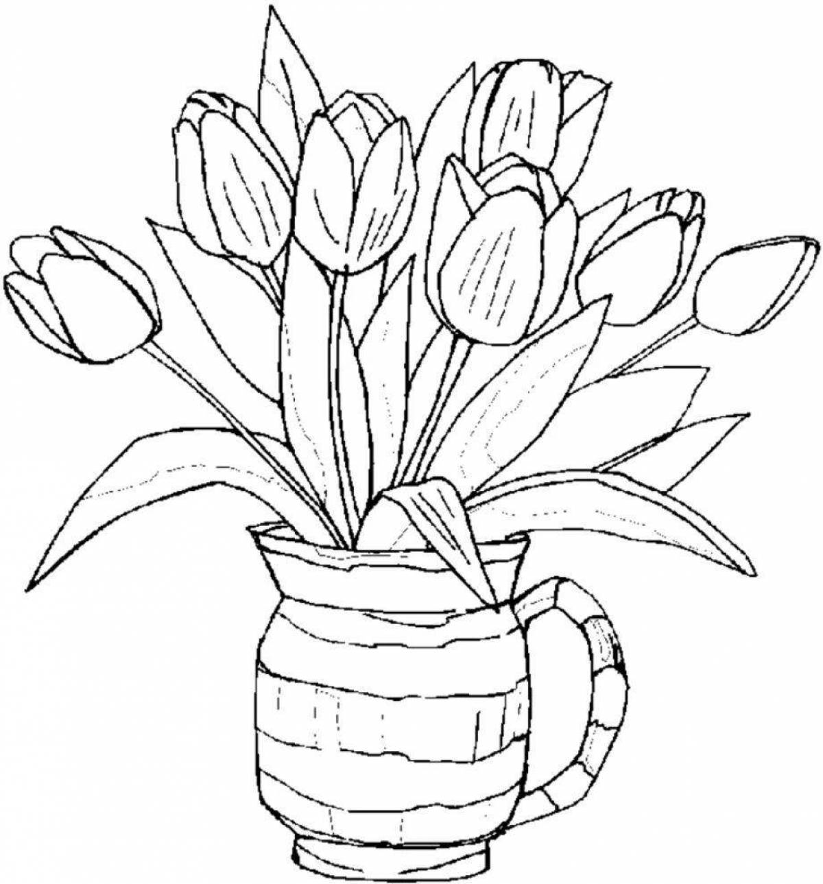 Раскраска веселые тюльпаны на 8 марта