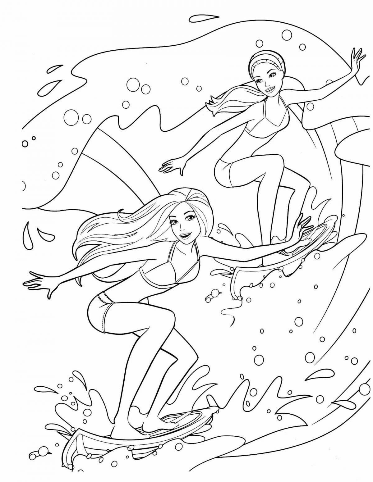 Coloring page happy barbie on the beach