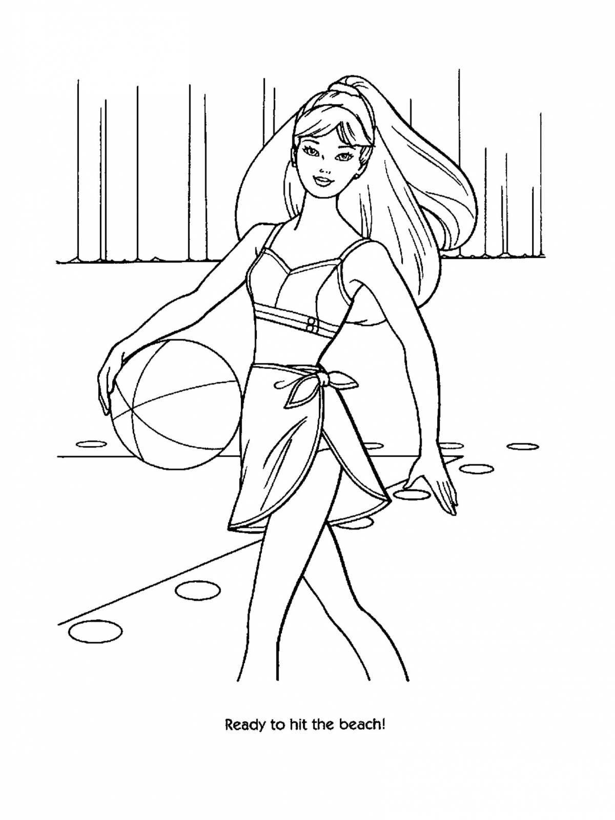 Bright barbie coloring page on the beach