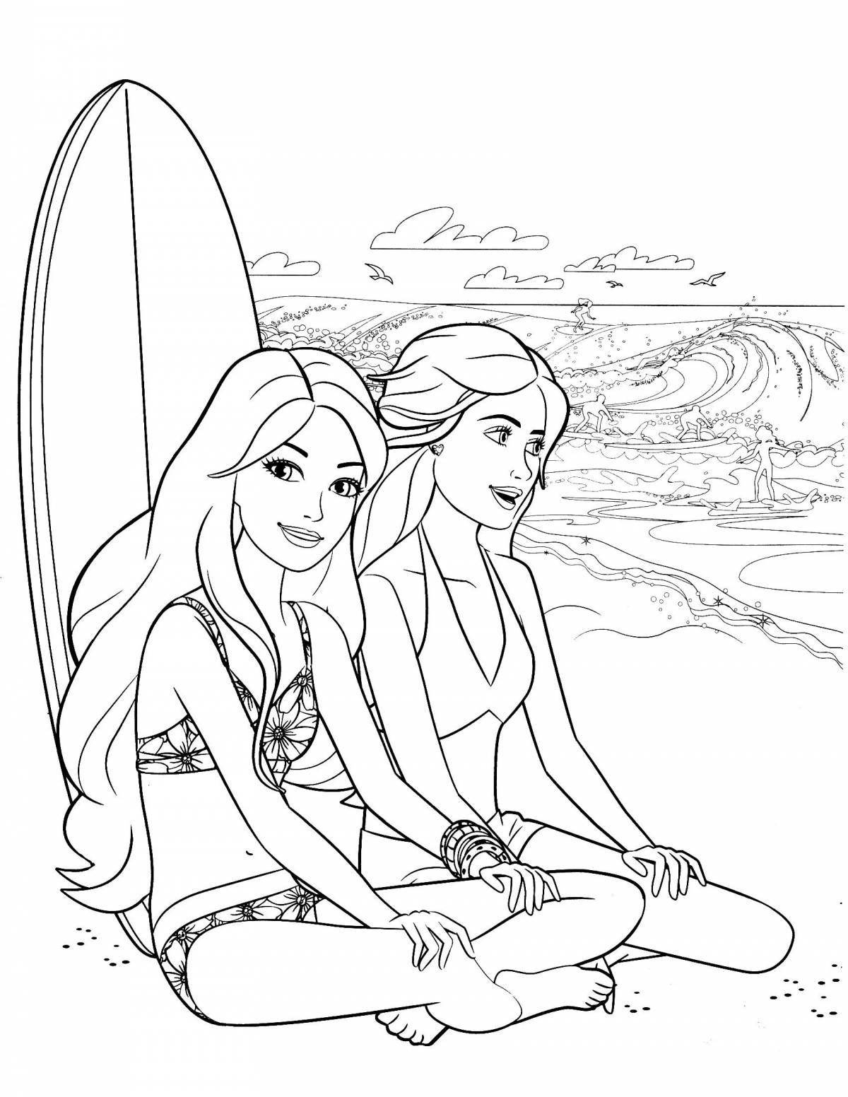 Cute barbie coloring page on the beach