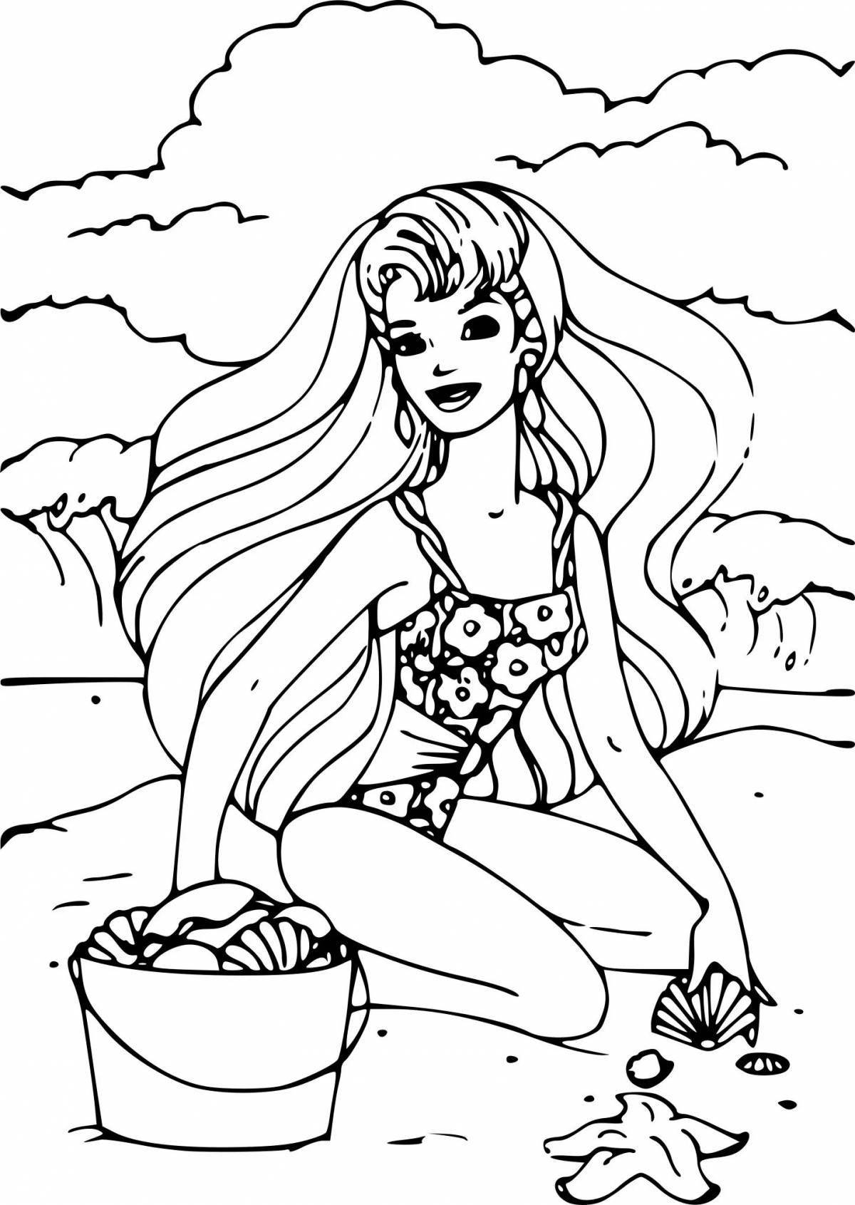 Beautiful barbie coloring page on the beach