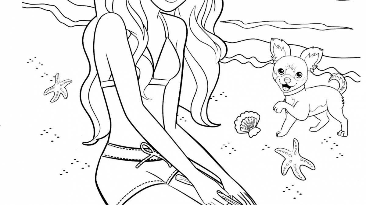 Coloring book glowing barbie on the beach