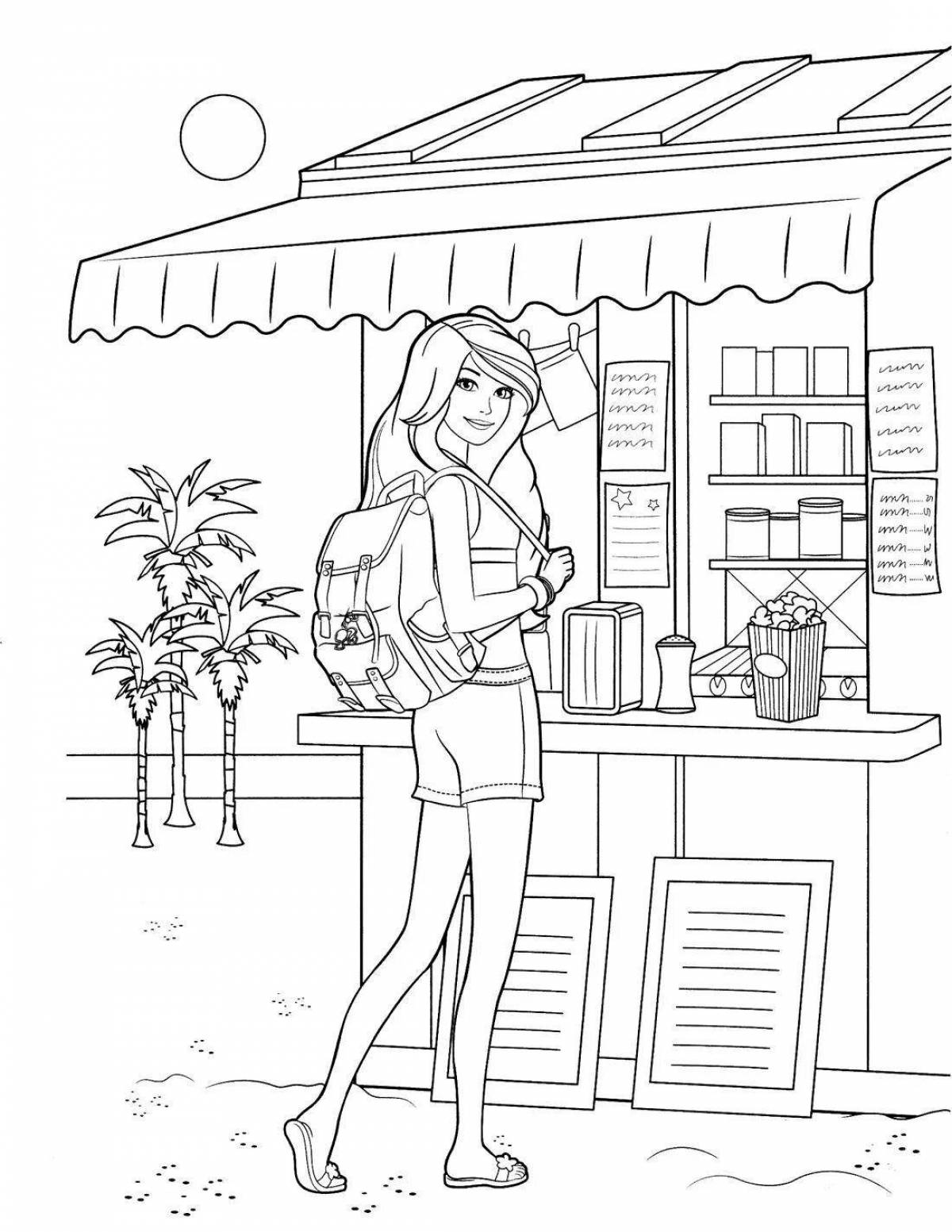 Colorful barbie on the beach coloring page