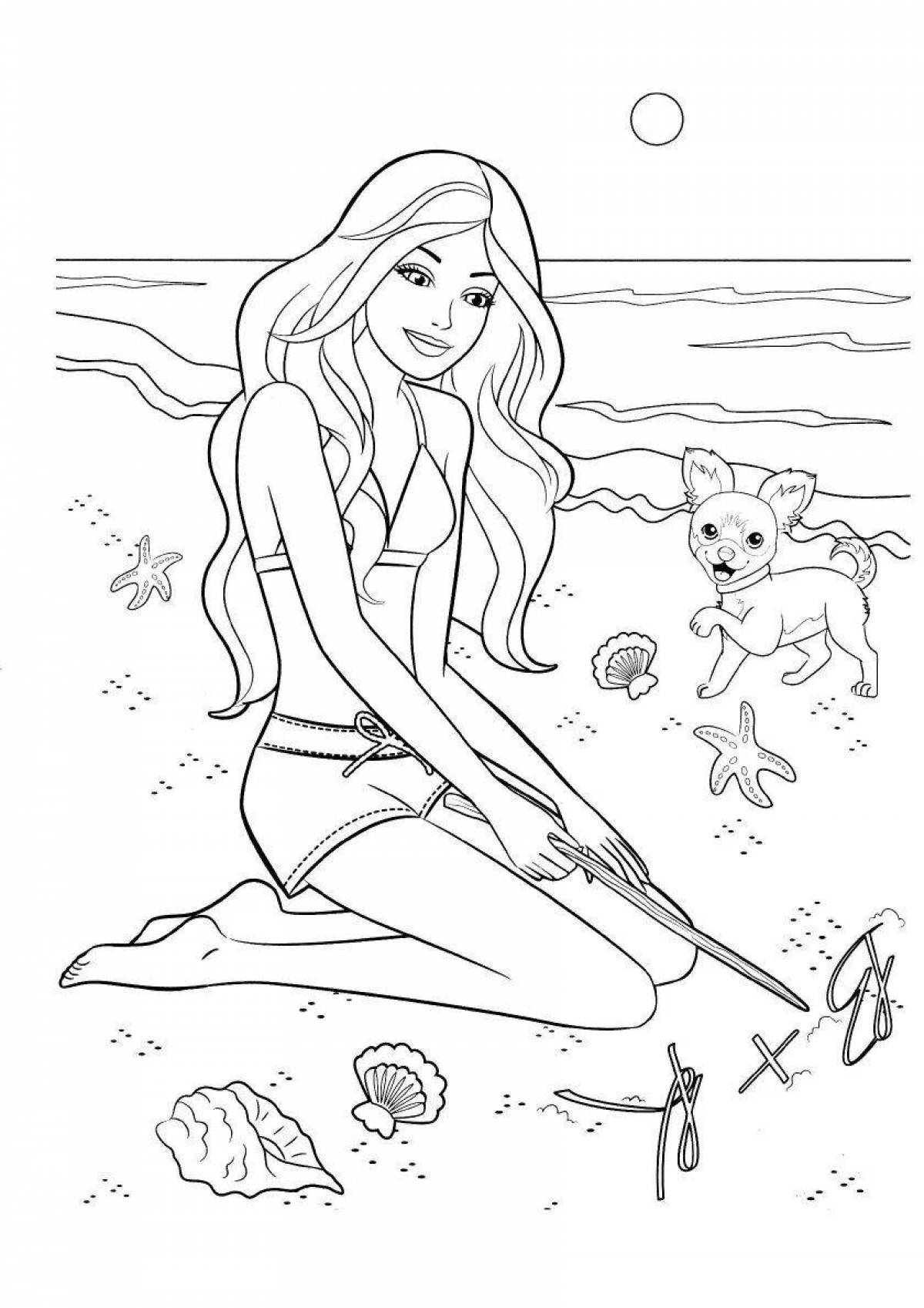 Coloring page blissful barbie on the beach