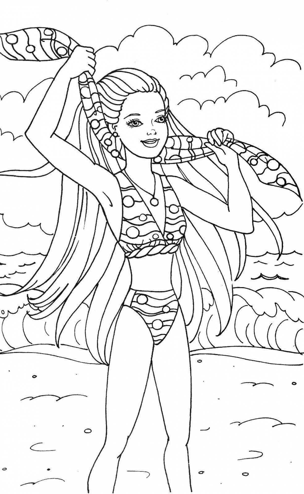 Coloring book exotic barbie on the beach