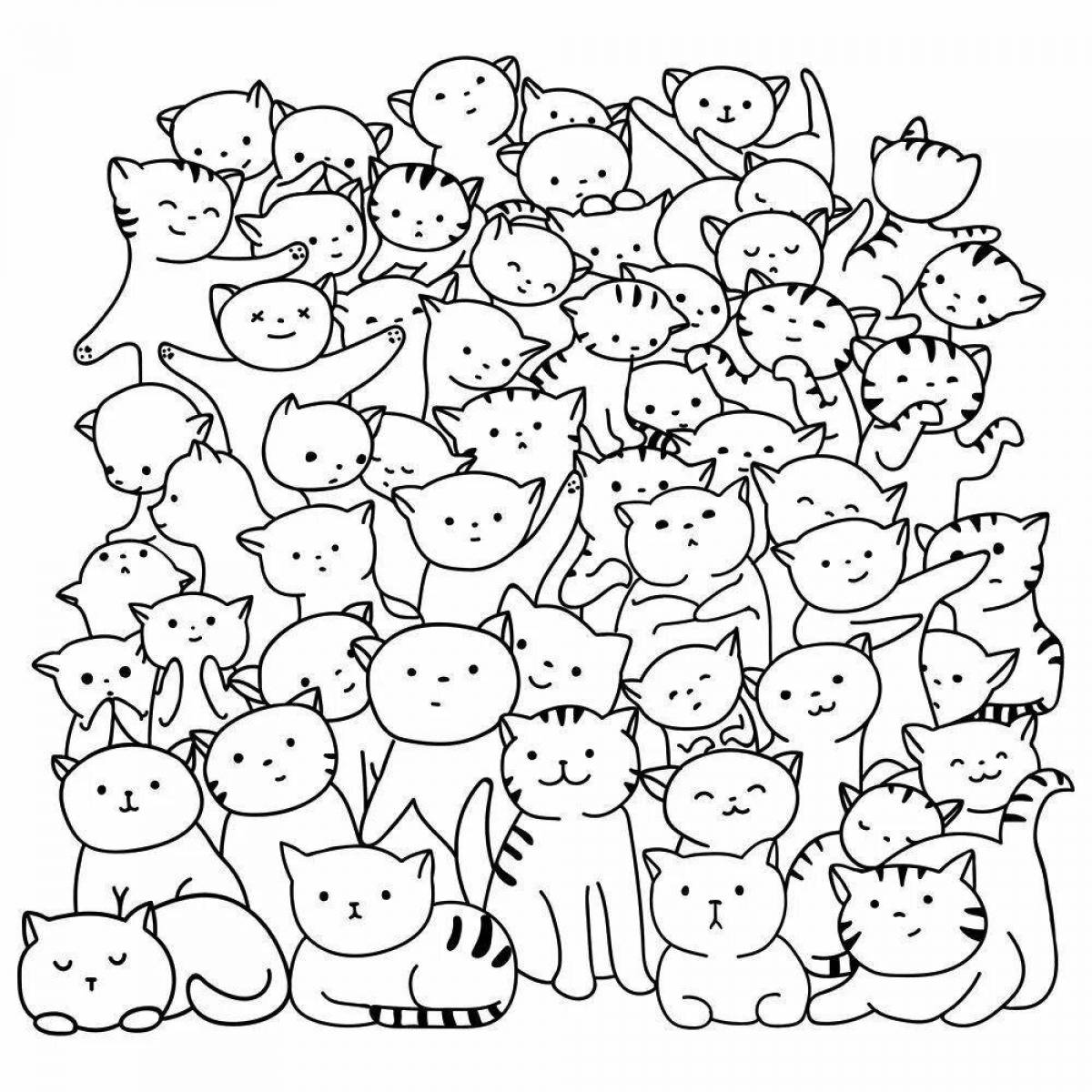 Красочная страница раскраски маленьких кошек