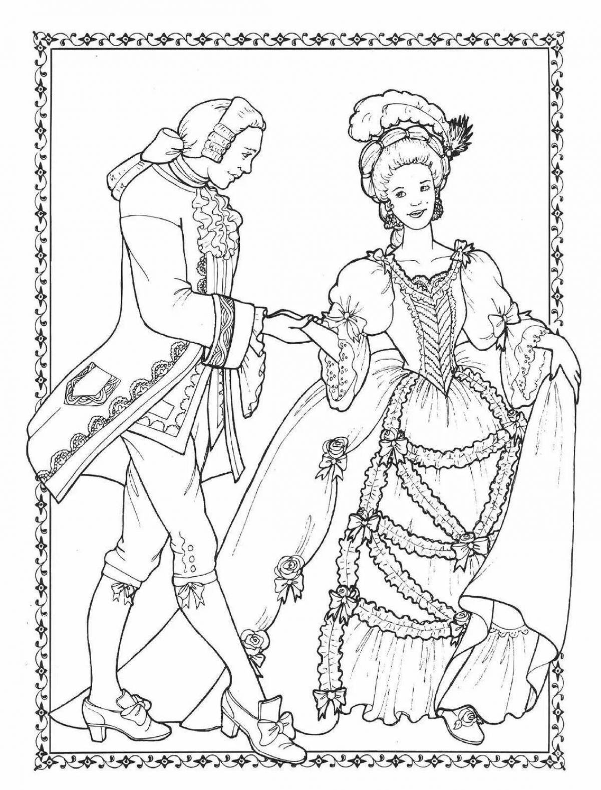 Colorful 18th century costume coloring page