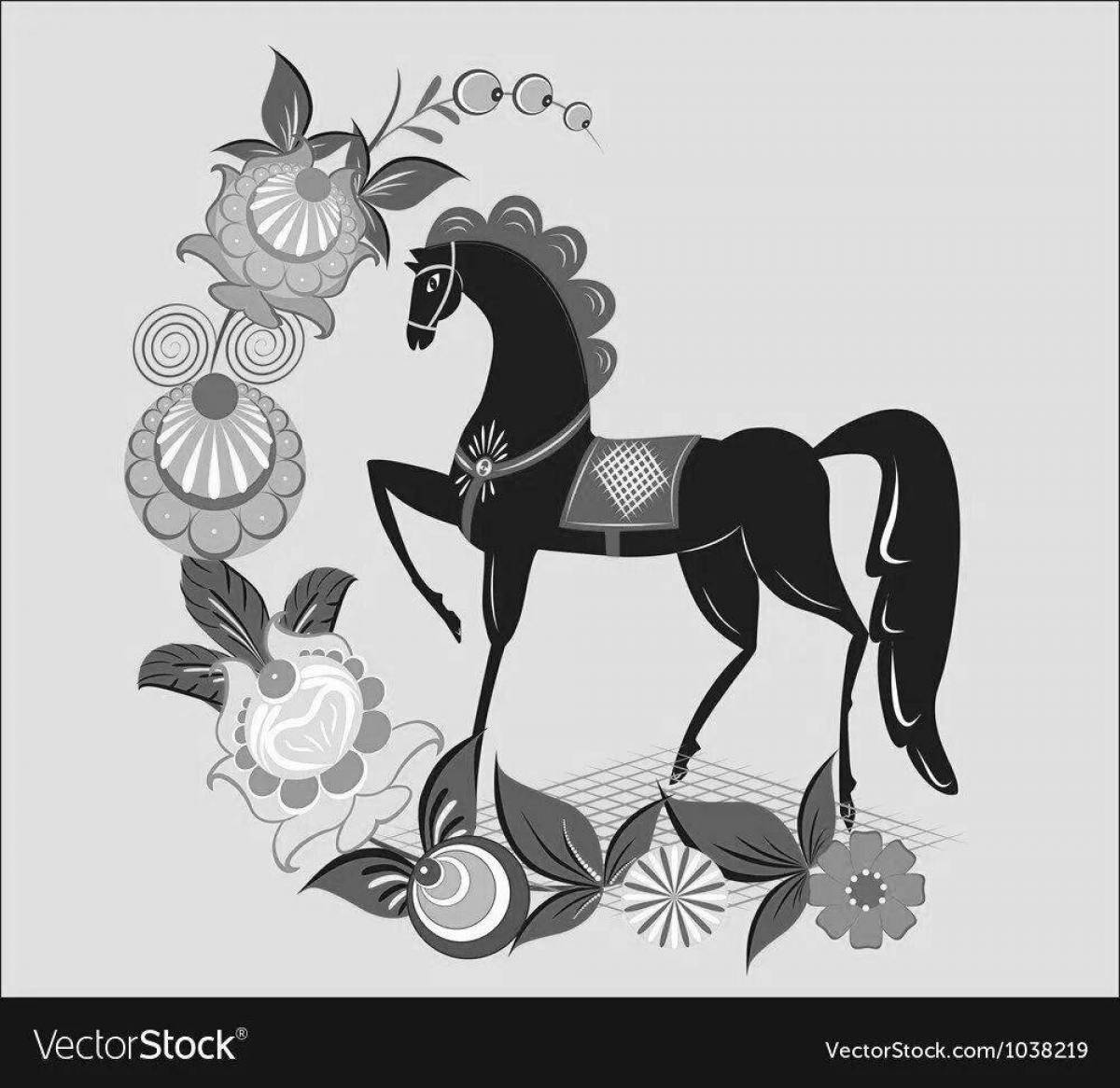 Grand coloring page horse Gorodets painting