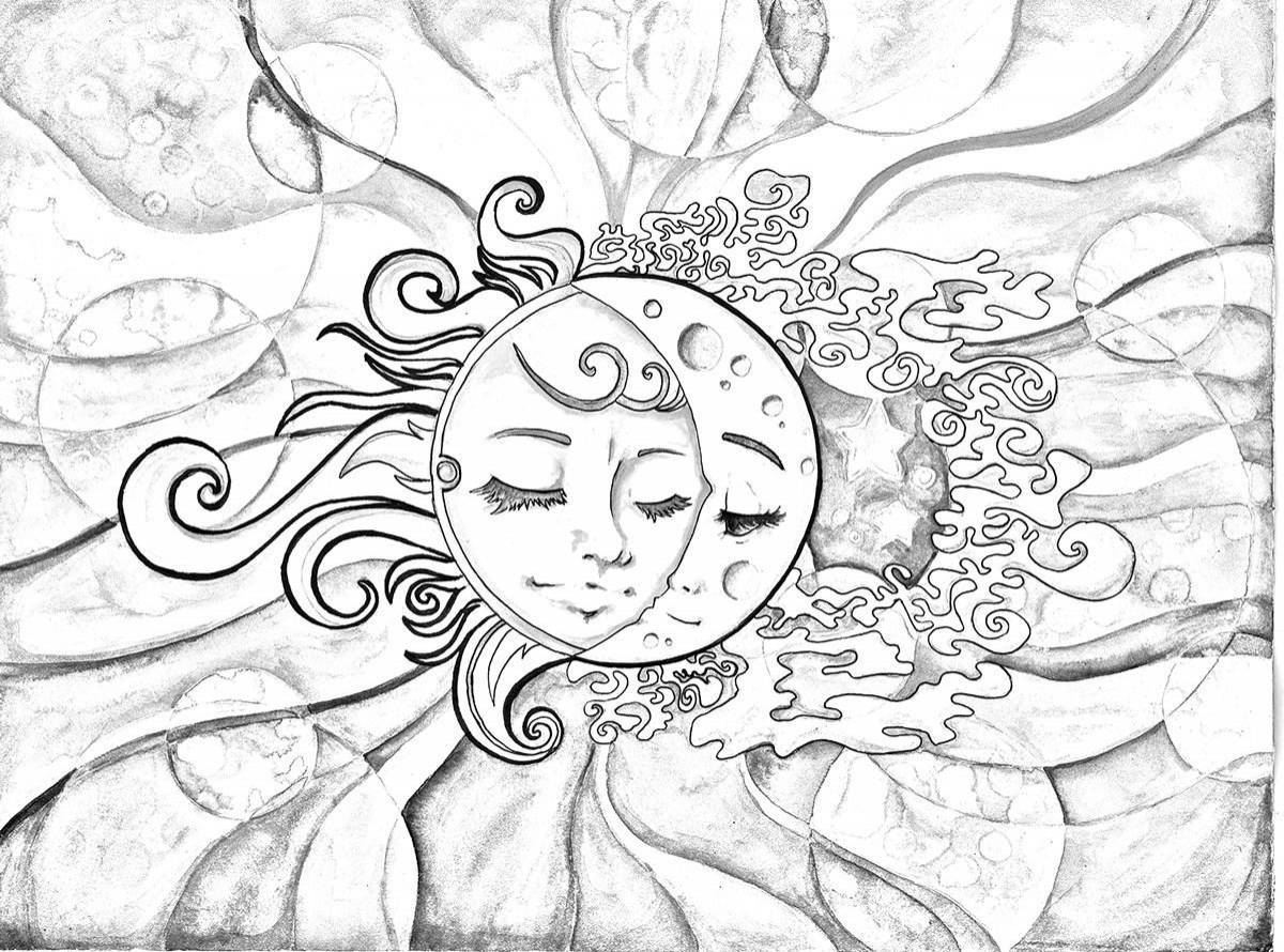 Coloring book shining sun and moon